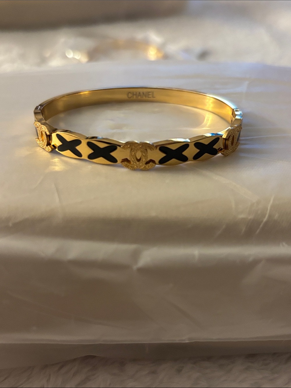 Brand New !!  Gold & Black Enamel CC X Bangle Bracelet